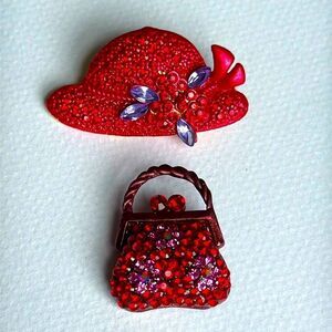 QVC Red Crystal Hat & Purse Brooch Set Pavé Pin Duo